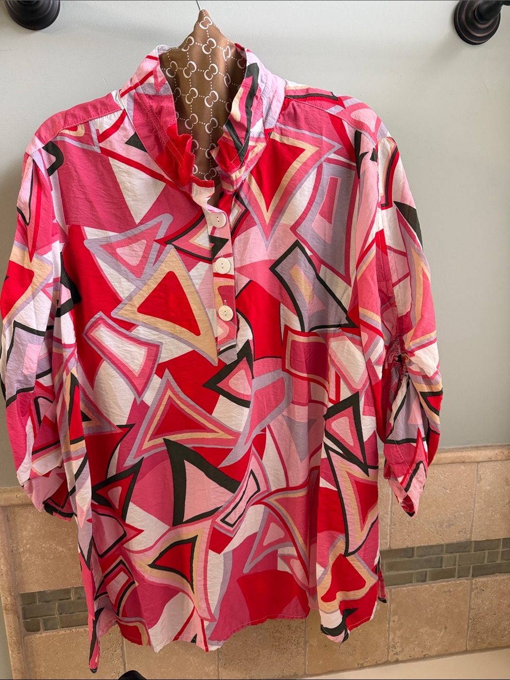 Ali Miles Abstract Geometric Pink Red Tunic Top-xl
